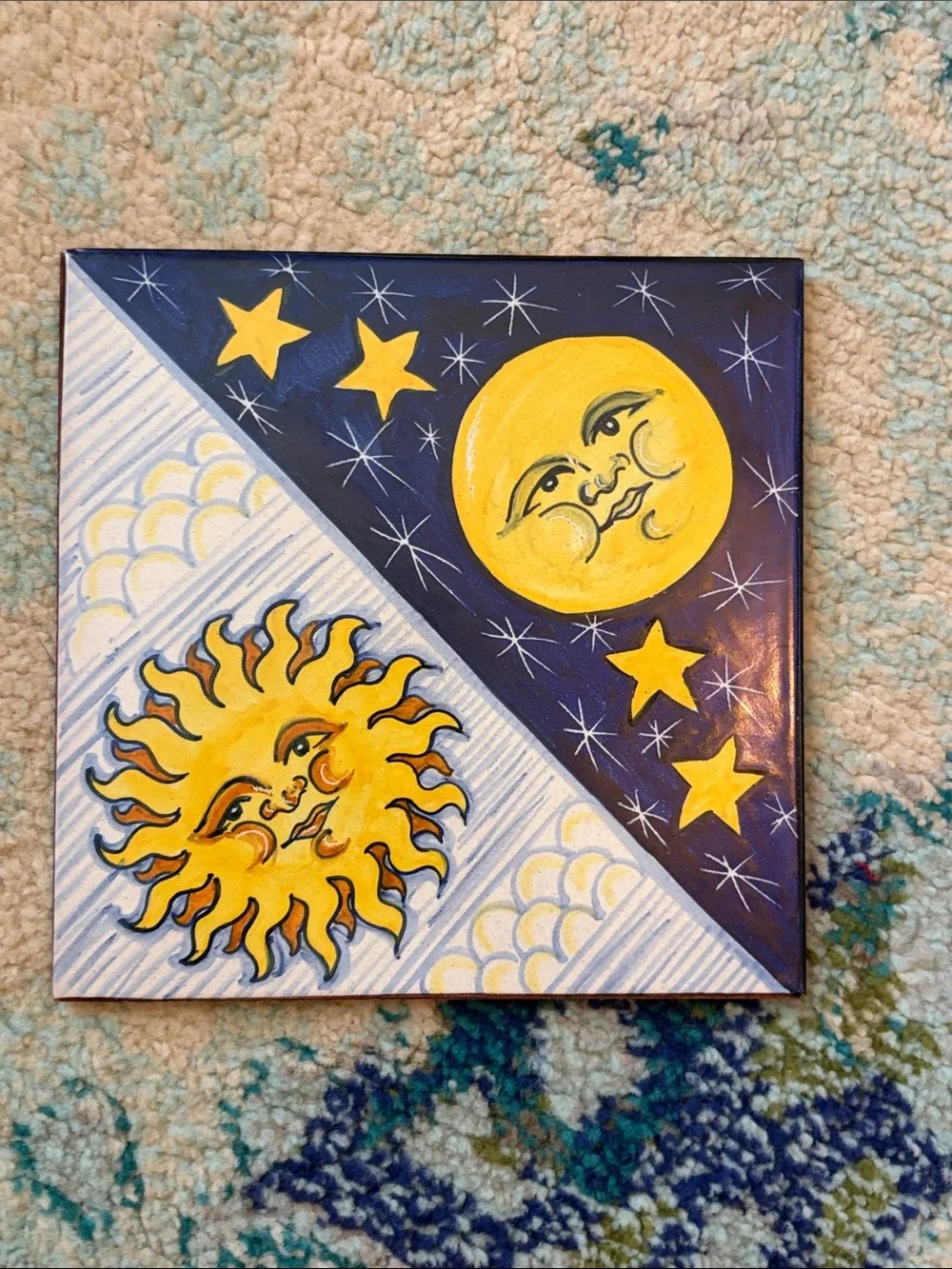 Vintage Cotto Petrus Italian Tile/Trivet - Yellow and Navy celestial